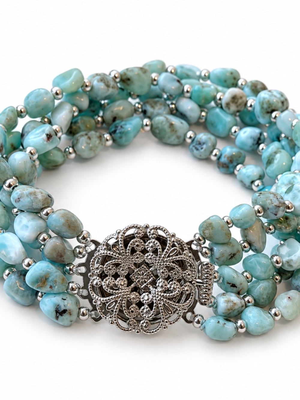 Larimar Five-Strand Statement Bracelet Silver Tone Clasp